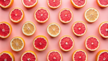 Poster - Vibrant citrus fruit pattern on a pink background showcasing juicy grapefruit and lemon slices