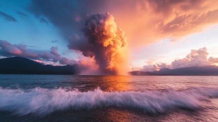Wall Mural - a massive explosion lights up the sky over water at sunset, creating vibrant colors and dramatic clo