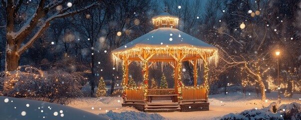 Wall Mural - A snow-covered gazebo decorated with holiday lights in a park, 4k photo.