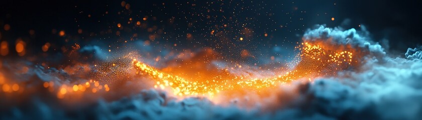 Poster - Bright particles illuminated against a dark background create a mesmerizing wave-like pattern in a surreal landscape of clouds