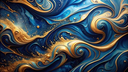 Poster - Abstract Swirling Blue and Gold Fluid Art Design with Glittering Texture