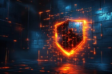 Poster - Digital shield with glowing effects in a futuristic environment showcasing technological security concepts
