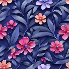 Poster - Intricate 3D Floral Embroidery and Papercut Design with Colorful Repeat Patterns on a Deep Blue Background