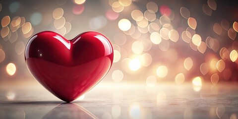 Poster - A Shiny Red Heart Symbol on a Reflective Surface with a Warm Bokeh Background