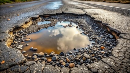 Poster - A large pothole filled with water reflecting the sky on a damaged road surface