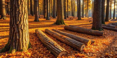 Poster - Golden Hour in the Autumn Woods Sunlit Tree Trunks and Fallen Logs