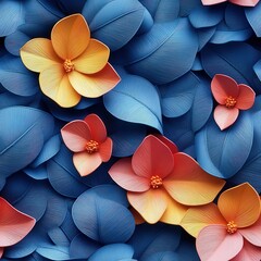 Poster - Stunning 3D Floral Embroidery Design with Papercut Effect Featuring Colorful Flowers in a Repeat Pattern for Craft and Art Projects