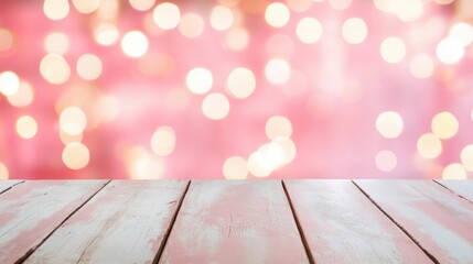 Wall Mural - A pink wooden table is set against a backdrop of soft bokeh lights, creating a cozy atmosphere perfect for celebrations and special occasions