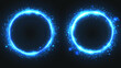 © Sahraya - Blue round frames set isolated on transparent background. Vector realistic illustration of circular neon borders glowing with haze and shimmering particles, magic power effect, space portal design