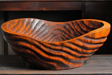 Poster - This modern wooden sculpture is characterized by an undulating wave texture, skillfully crafted to capture movement and fluidity, reflecting contemporary artistry.