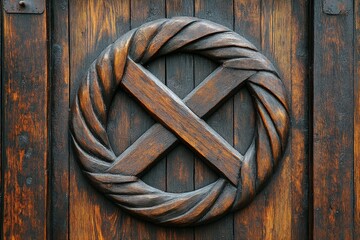 Aufkleber - A decorative wooden plaque featuring an intricately intertwined circular cross design, symbolizing unity and traditional craftsmanship in wood artistry.