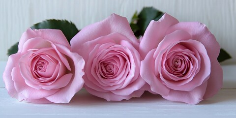 Wall Mural - pink roses on white wooden background on the left side of the image, product photography, 