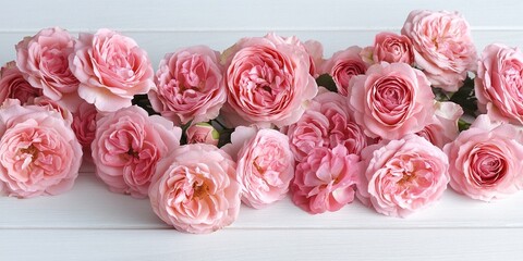 Wall Mural - pink roses on white wooden background on the left side of the image, product photography, 