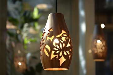 Poster - A beautifully carved wooden pendant light showcasing intricate floral patterns, casting soft light and shadow for a warm, ambient atmosphere in any setting.