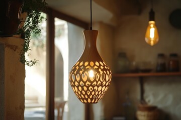 Poster - A gracefully designed pendant light featuring a geometric perforation pattern, creating mesmerizing light and shadow effects, perfect for modern interiors.