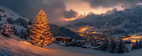 Canvas Print - A snowy mountain landscape with a brightly lit Christmas tree in the foreground, 4k photo.