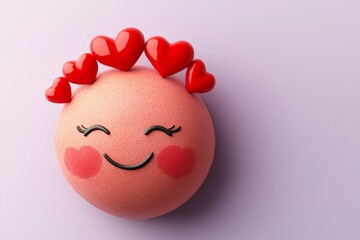 Aufkleber - A cute, pink, smiling face with closed eyes and red heart adornments, representing happiness and affection in a whimsical and playful artistic style.