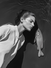 Wall Mural -  top-down perspective of a woman reclining on a reflective, water-like surface, fish placed elegantly on her chest