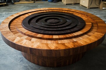 Poster - A visually captivating circular wooden table with layered concentric circles, emphasizing rich wood textures and an eye-catching artistic design, perfect for interiors.