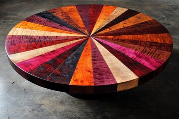 Poster - This striking rounded table emanates a vivid starburst pattern made with an array of multicolored wooden segments that create a dynamic visual impact.