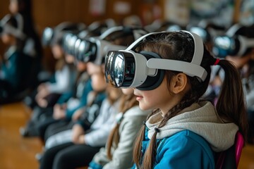 Poster - Children in a classroom setting wearing virtual reality headsets, discovering new worlds through cutting-edge technology for enhanced educational experiences.