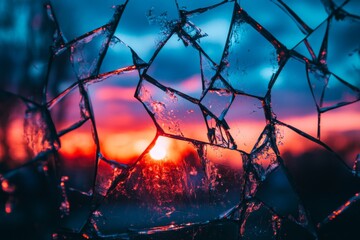 Poster - A shattered glass foreground framing a vivid sunset, merging colors of red, orange, and blue, symbolizing resilience and beauty emerging from brokenness.
