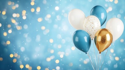 Poster - Bunch of blue and white balloons with golden accents float gracefully, enhancing the cheerful ambiance of a celebratory event