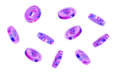 Wall Mural - 3d flying ancient old neon or holographic coins of china on white isolated background. precious expe