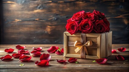 Poster - Romantic gift box filled with deep red roses and scattered petals on rustic wooden surface