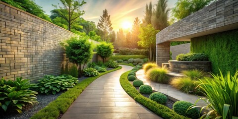 Poster - Serene Pathway Through a Modern Landscape Design Featuring Stone Walls and Lush Greenery