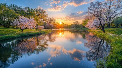 Poster - A tranquil river meanders through a lush landscape, mirroring the stunning blossoms on trees as the sun sets, casting golden hues across the serene water and vibrant greenery