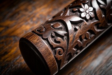 Poster - This close-up image reveals the detailed craftsmanship of a wooden surface, adorned with intricately carved floral patterns, showcasing natural artistry and elegance.