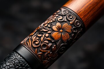 Poster - Close-up of a wooden carving featuring intricate floral patterns and elegant swirls, highlighting the craftsmanship and detail in traditional wood artistry.