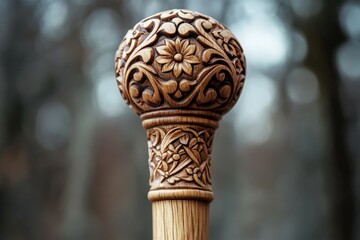 Aufkleber - Close-up view of a wooden staff top adorned with beautifully detailed floral carvings, showcasing artistic elegance and meticulous woodcarving skill.