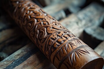 Poster - A wooden cylinder featuring a rich, textured engraved design that demonstrates the intricate craftsmanship and artistic flair typical of traditional wood carving.
