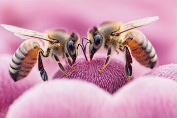 Poster - A close-up image of two bees delicately sharing nectar on a vibrant pink flower, showcasing the intricate details of their wings and the flower's petals.