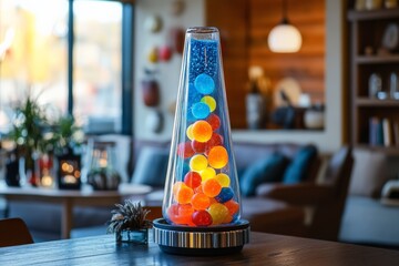 Aufkleber - A vibrant glass sculpture with colorful orbs is placed on a modern table, creating a cheerful ambiance in the room with its bright and varied colors.