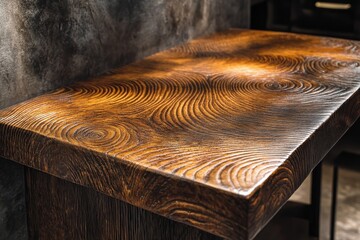 Aufkleber - A richly detailed wooden table showcases flowing grain lines. The undulating texture adds a dynamic feel, revealing the beauty of natural wood tones.