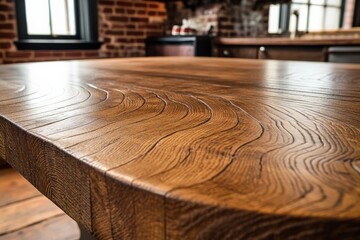 Poster - A wooden table with a textured surface, showcasing natural waves and intricate grain patterns, evoking a sense of warmth and rustic charm in interior settings.