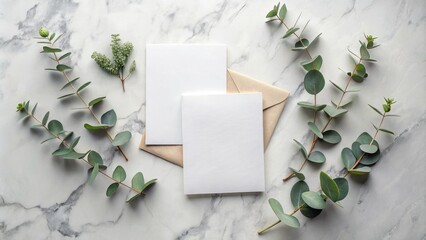 Poster - Elegant Blank Cards with Greenery on Marble Surface