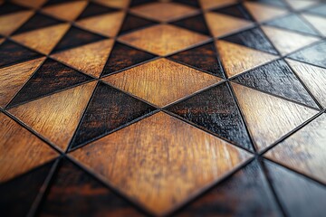 Leinwandbilder - Close-up of triangular wooden tiles arranged in a dynamic geometric pattern. The contrast of colors and textures offers a striking visual effect.