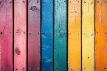 Poster - A vibrant collection of vertically arranged wooden planks painted in rainbow colors, showcasing the beauty of color variation and artistic design.