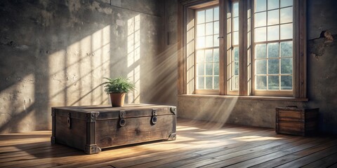 Poster - Rustic interior scene with sunlit wooden floor, antique chest, and potted plant