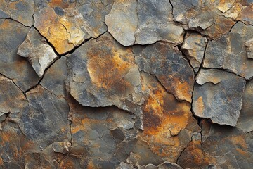 A rustic surface of cracked rock featuring varied hues of orange and grey, highlighting the earthy textures and timeless beauty shaped by natural weathering processes.