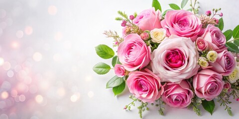 Poster - Romantic Pink Rose Bouquet with Delicate Greenery and Soft Bokeh Background