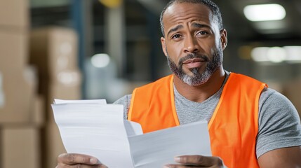 Wall Mural - A warehouse worker in an orange vest examines paperwork, looking concerned amidst stacks of cardboard boxes.