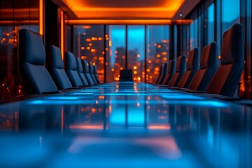 Illuminated boardroom at night.