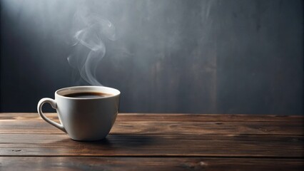 Poster - Aromatic Steam Rising from a Warm Cup of Coffee on Rustic Wooden Table