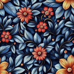 Poster - Intricate 3D Floral Embroidery and Papercut Pattern Featuring Bright Red and Yellow Flowers Amidst Blue Leaves on Dark Background