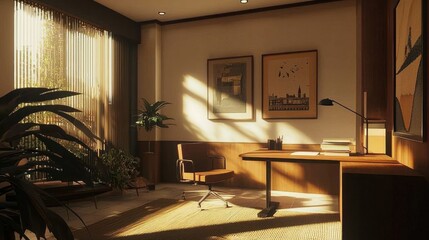 Canvas Print - Sunlit minimalist office with plants, desk, chair.